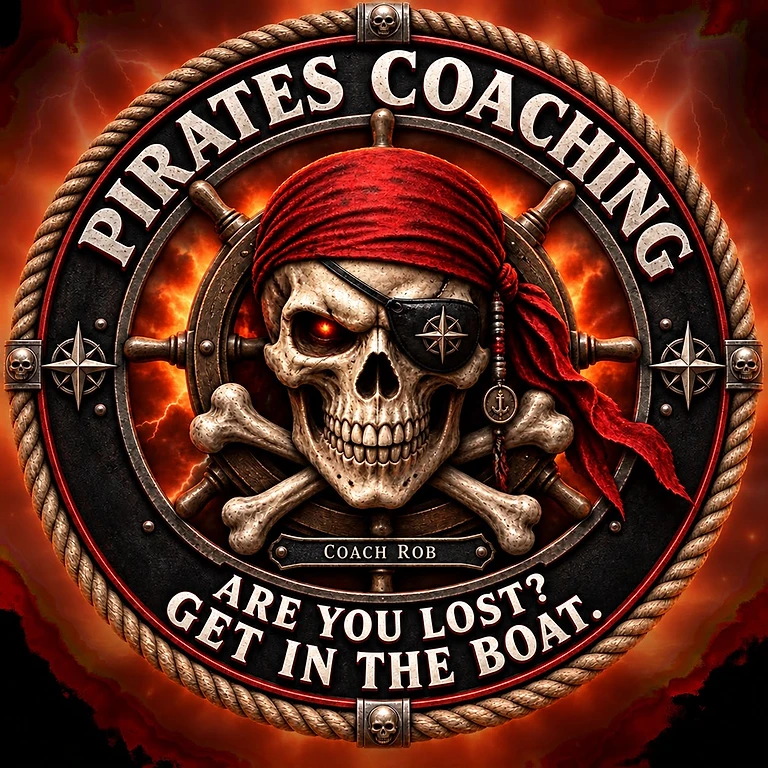 Pirates Coaching logo: Coach Rob, are you lost? Get in the boat.